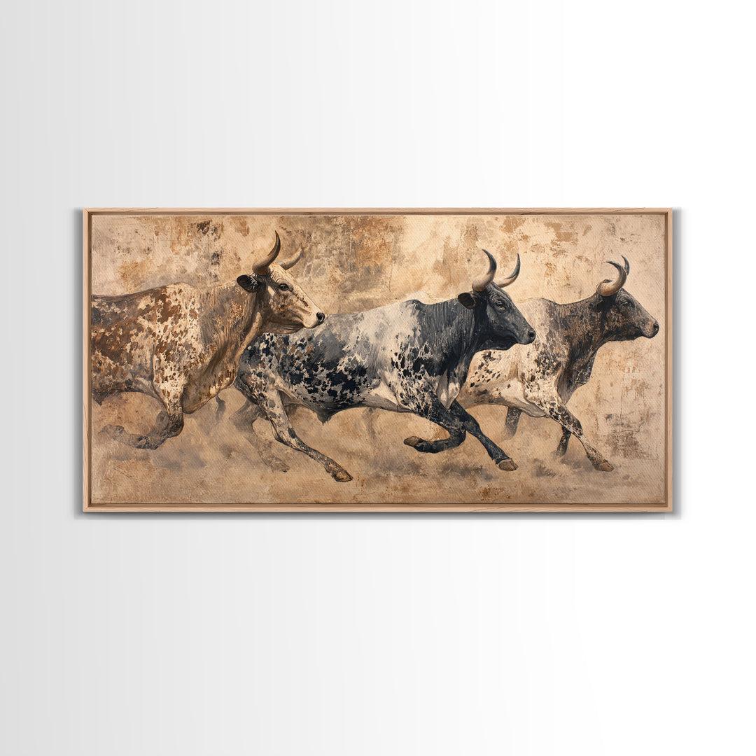 Running African Cattle Canvas Print, Rustic Safari Animal Painting, Earth Tone Wall Decor, Modern Farmhouse Home Decor, Housewarming Gift