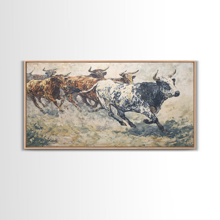 Textured Longhorn Cattle Framed Canvas Print, African Safari Wall Art, Rustic Animal Painting, Neutral Living Room Decor