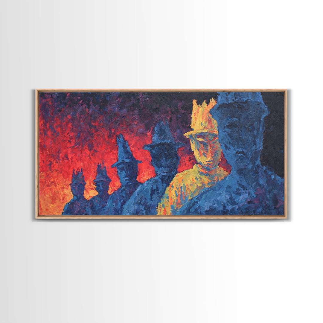 Fiery Blue And Gold Figures Framed Canvas Print, African Warrior Art, Bold Abstract Black Art, Vibrant Statement Home Decor