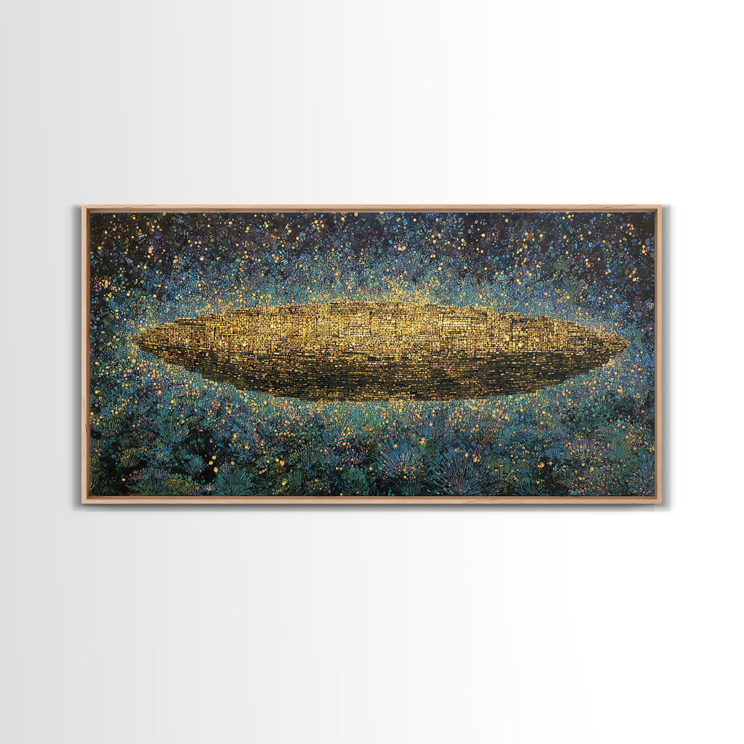 Glowing Golden Oval Over Blue Meadow Canvas Print, Abstract African Art, Textured Art Print, Luxury Canvas Art Decor Gift