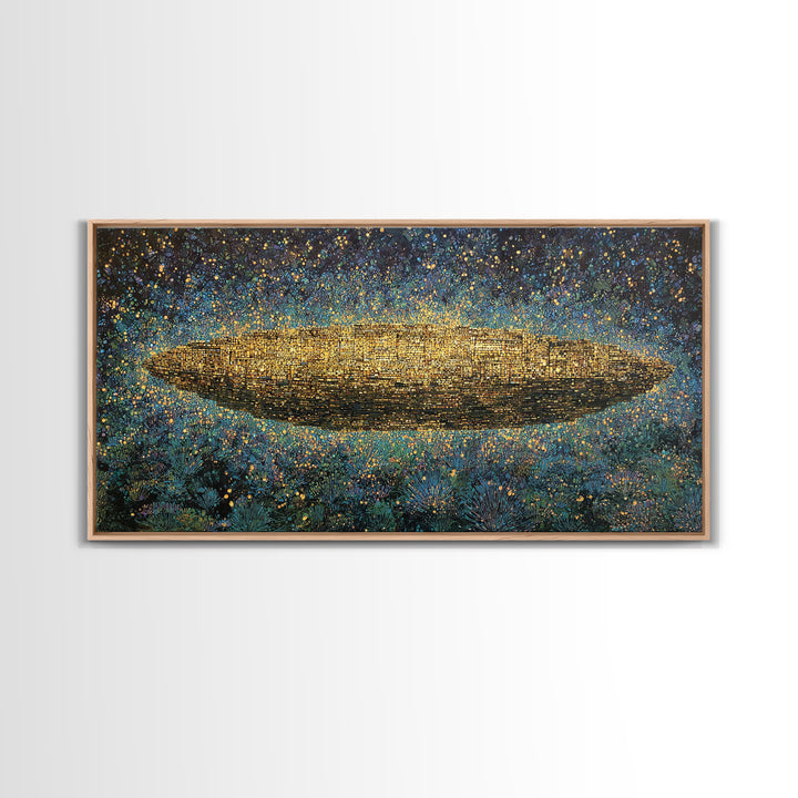 Glowing Golden Oval Over Blue Meadow Canvas Print, Abstract African Art, Textured Art Print, Luxury Canvas Art Decor Gift