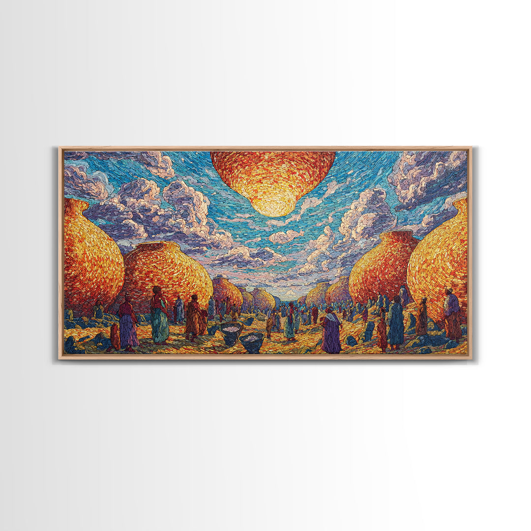 Golden Woven Village And Blue Sky Wall Art, African Landscape, Cultural Art Print, Boho African Home Decor Gift For Living Room