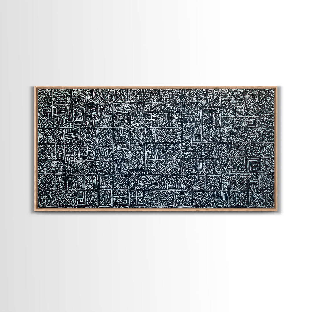 White Tribal Glyph Pattern On Black Wall Art, African Tribal Art, Geometric Wall Art, Ethnic Home Decor Canvas Print Gift