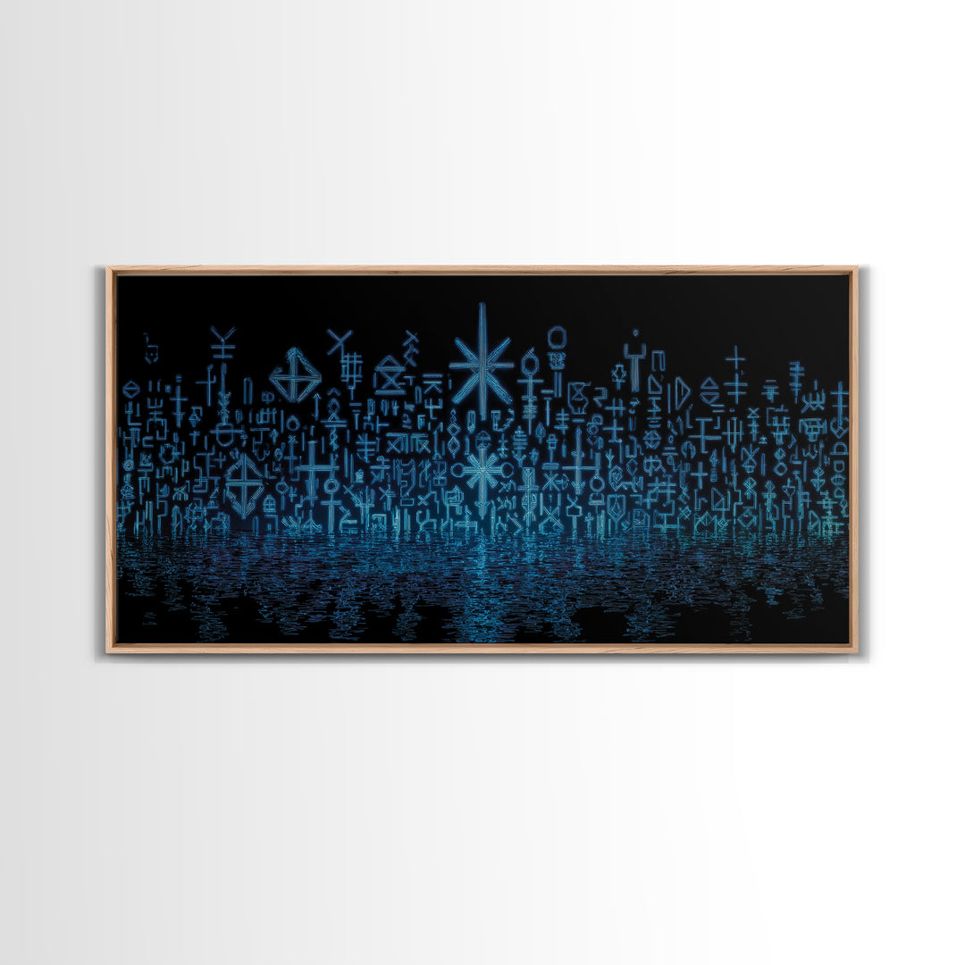 Blue Glowing Ancestral Symbols Over Water Canvas Print, African Abstract Art, Spiritual Wall Art, Mystical Wall Decor Gift