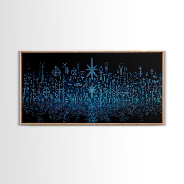 Blue Glowing Ancestral Symbols Over Water Canvas Print, African Abstract Art, Spiritual Wall Art, Mystical Wall Decor Gift