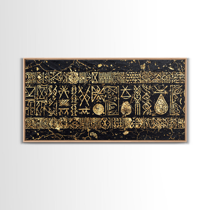 Ancient Gold Tribal Symbols On Black Stone Wall Art, African Tribal Art, Cultural Wall Decor, Textured Canvas Print Gift