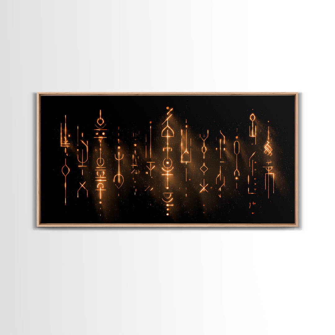 Glowing Ancestral Symbols Wall Art, African Inspired Abstract Canvas, Spiritual Black Gold Decor, Mystic Tribal Art Print