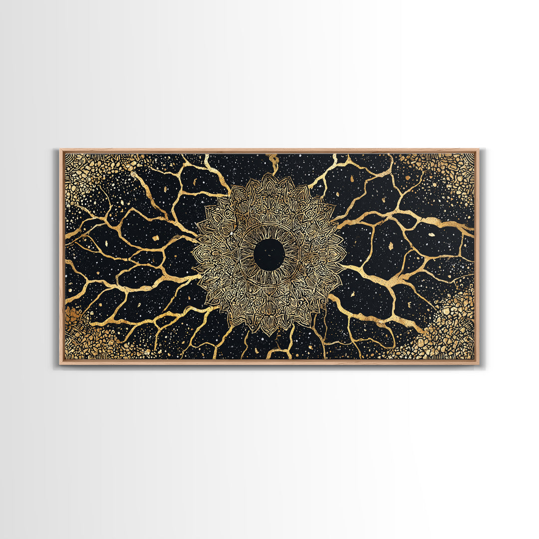 Golden Mandala Cosmos Wall Art, Black And Gold Abstract African Inspired Decor, Spiritual Geometric Canvas Print For Living Room