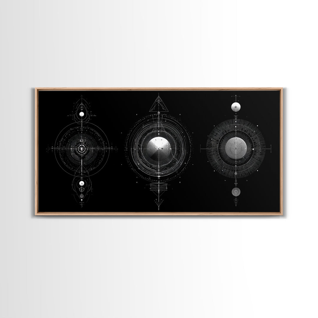Celestial Geometry Triptych Canvas Print, Black And Silver Abstract Wall Art, Mystical Modern Decor For Meditation Room Gift