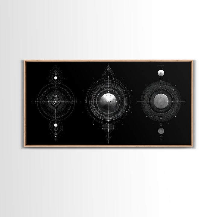 Celestial Geometry Triptych Canvas Print, Black And Silver Abstract Wall Art, Mystical Modern Decor For Meditation Room Gift