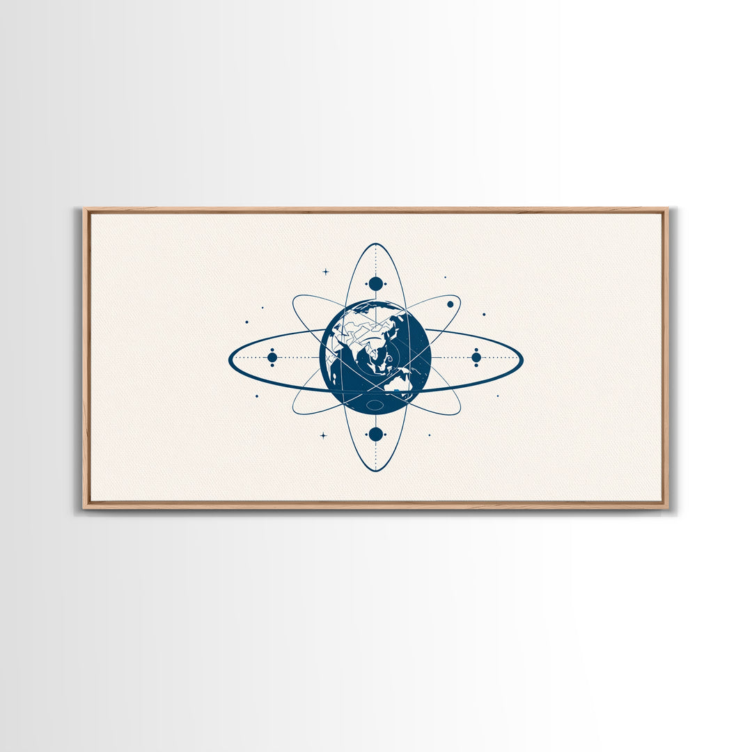 Blue Earth Atom Wall Art, Minimalist Globe Orbit Illustration, Science Inspired Canvas Print, Modern Office Decor For Home