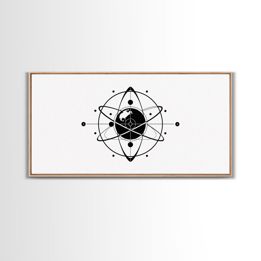 Minimalist Black Earth Atom Canvas Print, Globe Orbit Line Art, Modern Science Wall Art, Clean Office Decor For Home Gift