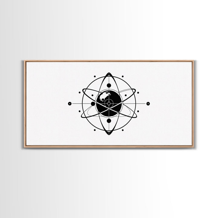 Minimalist Black Earth Atom Canvas Print, Globe Orbit Line Art, Modern Science Wall Art, Clean Office Decor For Home Gift