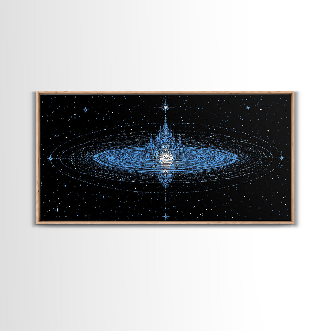Blue Star City Wall Art, Cosmic Castle On Water, Dreamy Celestial Canvas Print, Mystical Night Sky Decor For Bedroom Gift