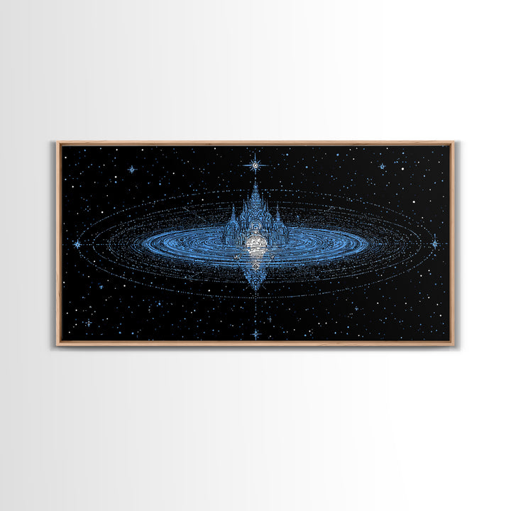 Blue Star City Wall Art, Cosmic Castle On Water, Dreamy Celestial Canvas Print, Mystical Night Sky Decor For Bedroom Gift