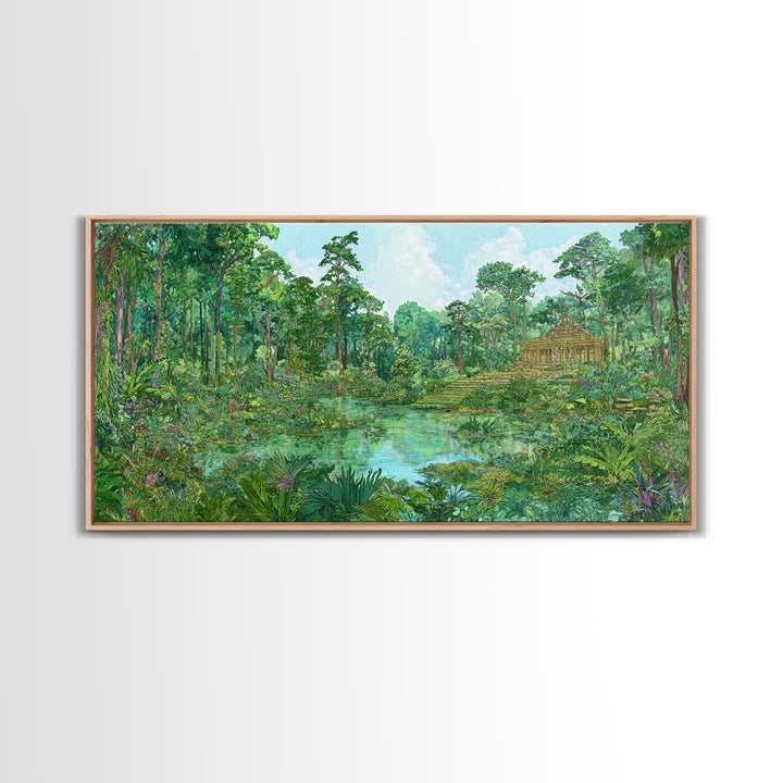 Lush Jungle Temple Wall Art, Tropical Lagoon Landscape, Green Nature Canvas Print, Serene Boho Home Decor Gift For Living Room