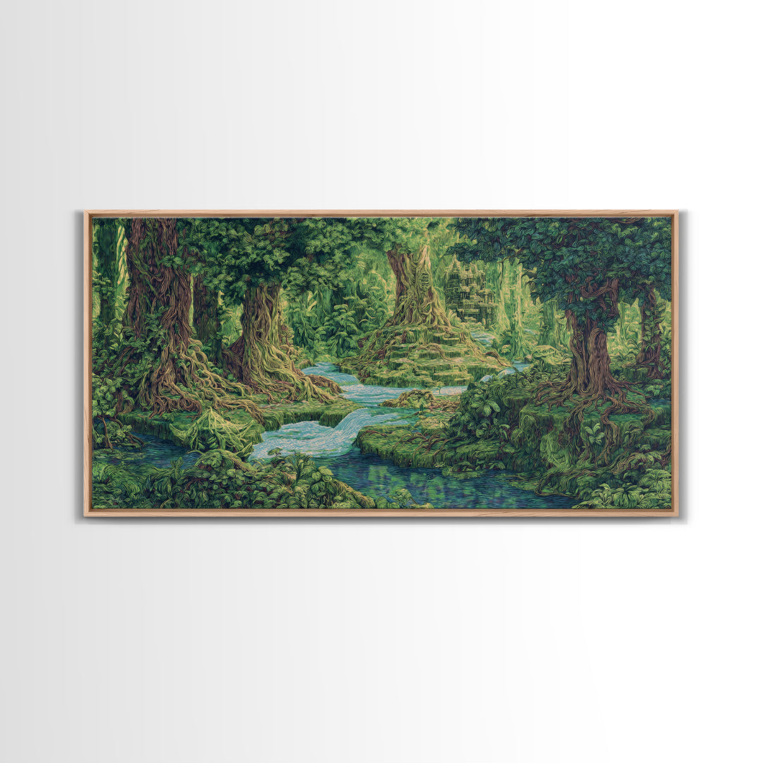 Ancient Jungle Stream Canvas Print, Fantasy Forest Ruins, Green Nature Wall Art, Tropical Landscape Decor For Living Room