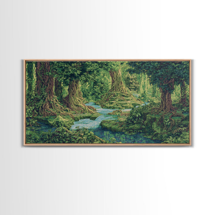 Ancient Jungle Stream Canvas Print, Fantasy Forest Ruins, Green Nature Wall Art, Tropical Landscape Decor For Living Room
