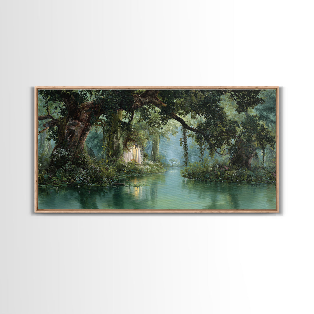 Misty Bayou Forest Wall Art, Dreamy River Landscape, Ancient Trees Canvas Print, Elegant Green Nature Decor For Home Gift