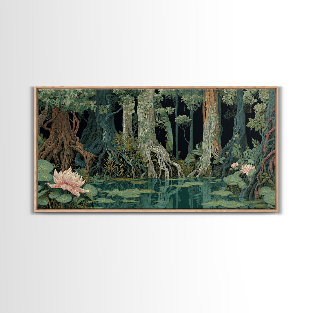 Dark Mangrove Swamp With Lotus Flowers Wall Art, Moody Jungle African Landscape, Boho Nature Canvas, Living Room Decor Gift