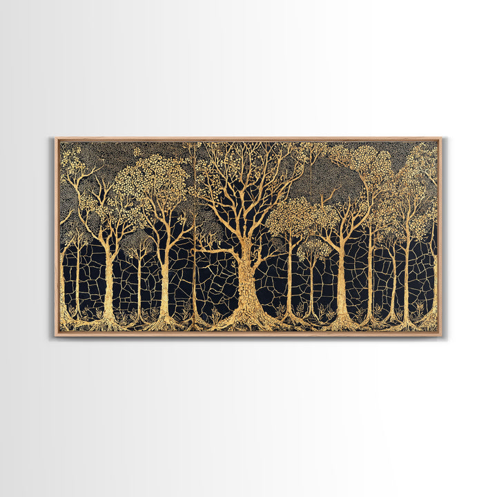 Golden Forest Of Bare Trees Wall Art, Black And Gold African Inspired Nature Print, Elegant Boho Home Decor, Statement Gift