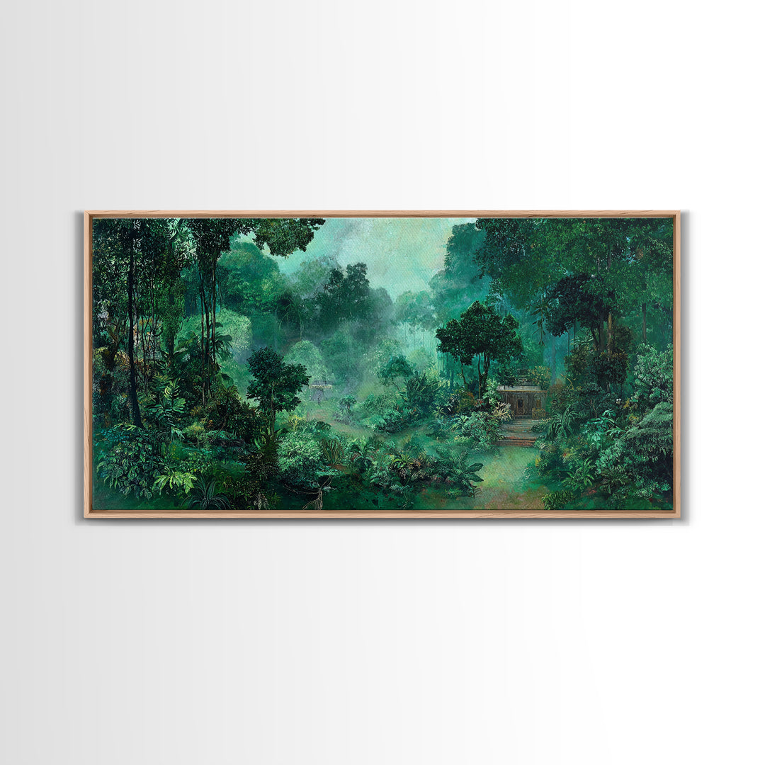 Misty Emerald Jungle Path Wall Art, African Safari Landscape, Tropical Nature Scene, Green Living Room Decor, Serene Gift