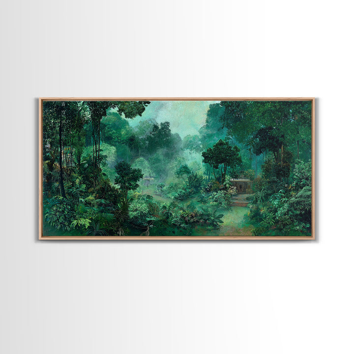 Misty Emerald Jungle Path Wall Art, African Safari Landscape, Tropical Nature Scene, Green Living Room Decor, Serene Gift