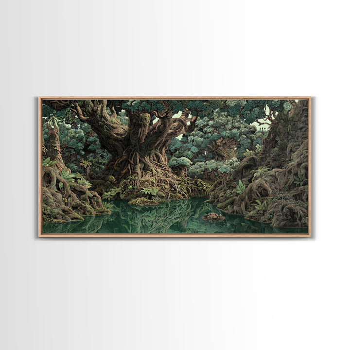 Ancient Banyan Tree Lagoon Canvas Print, Mystical Jungle African Landscape Wall Art, Boho Nature Decor, Statement Home Gift