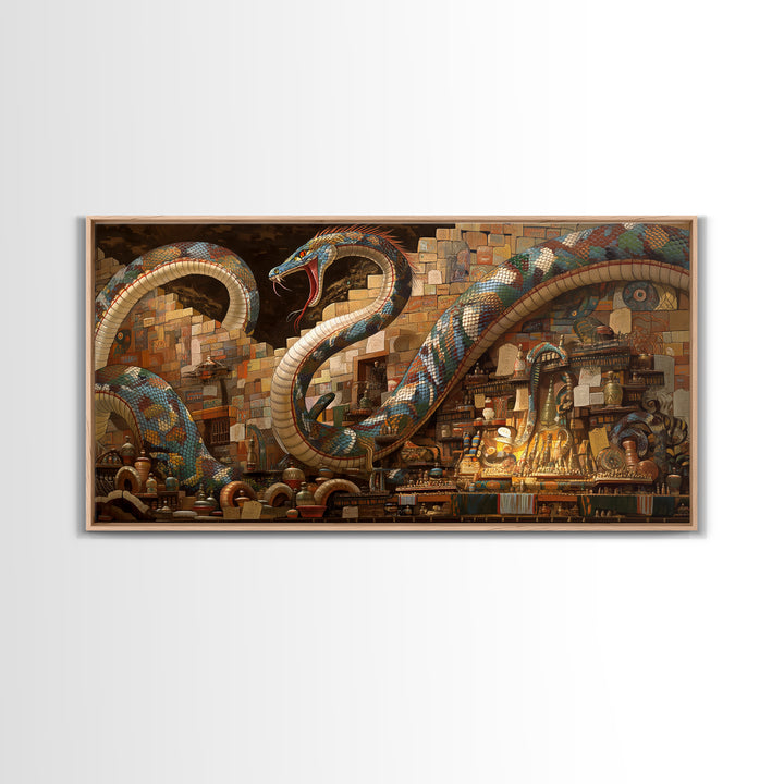 Jeweled Giant Serpents In Antique Market Canvas Print, Mystical African Inspired Wall Art, Exotic Boho Decor, Unique Gift