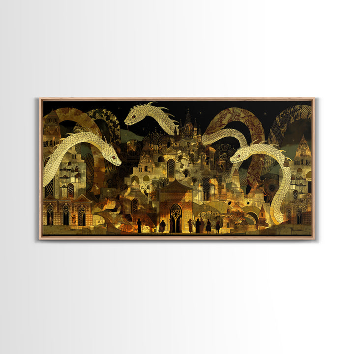 Golden Serpents Over Palace City Wall Art, Mystical African Inspired Canvas Print, Black Gold Decor, Fantasy Statement Gift