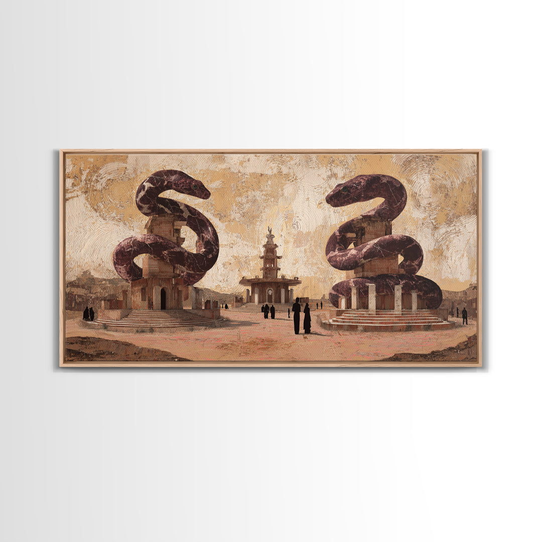Twin Serpent Desert Plaza Framed Canvas Print, African Inspired Wall Art, Warm Terracotta Cultural Decor, Unique Home Gift