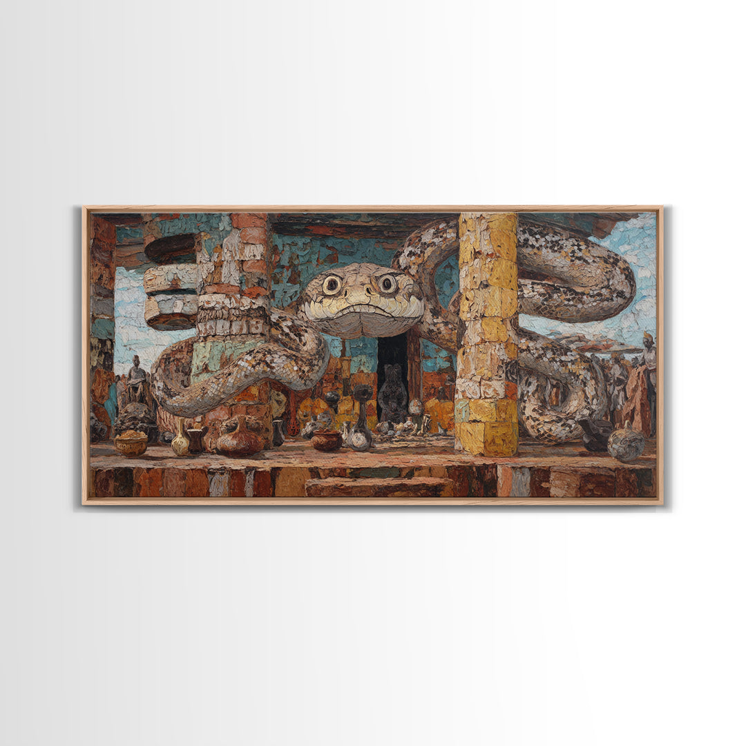 Giant Serpent Market Scene Canvas Print, African Tribal Art, Snake Sculpture Decor, Rustic Bazaar Wall Decor Gift For Living Room