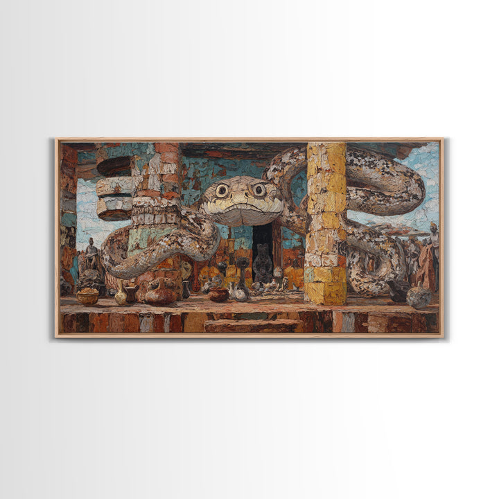 Giant Serpent Market Scene Canvas Print, African Tribal Art, Snake Sculpture Decor, Rustic Bazaar Wall Decor Gift For Living Room