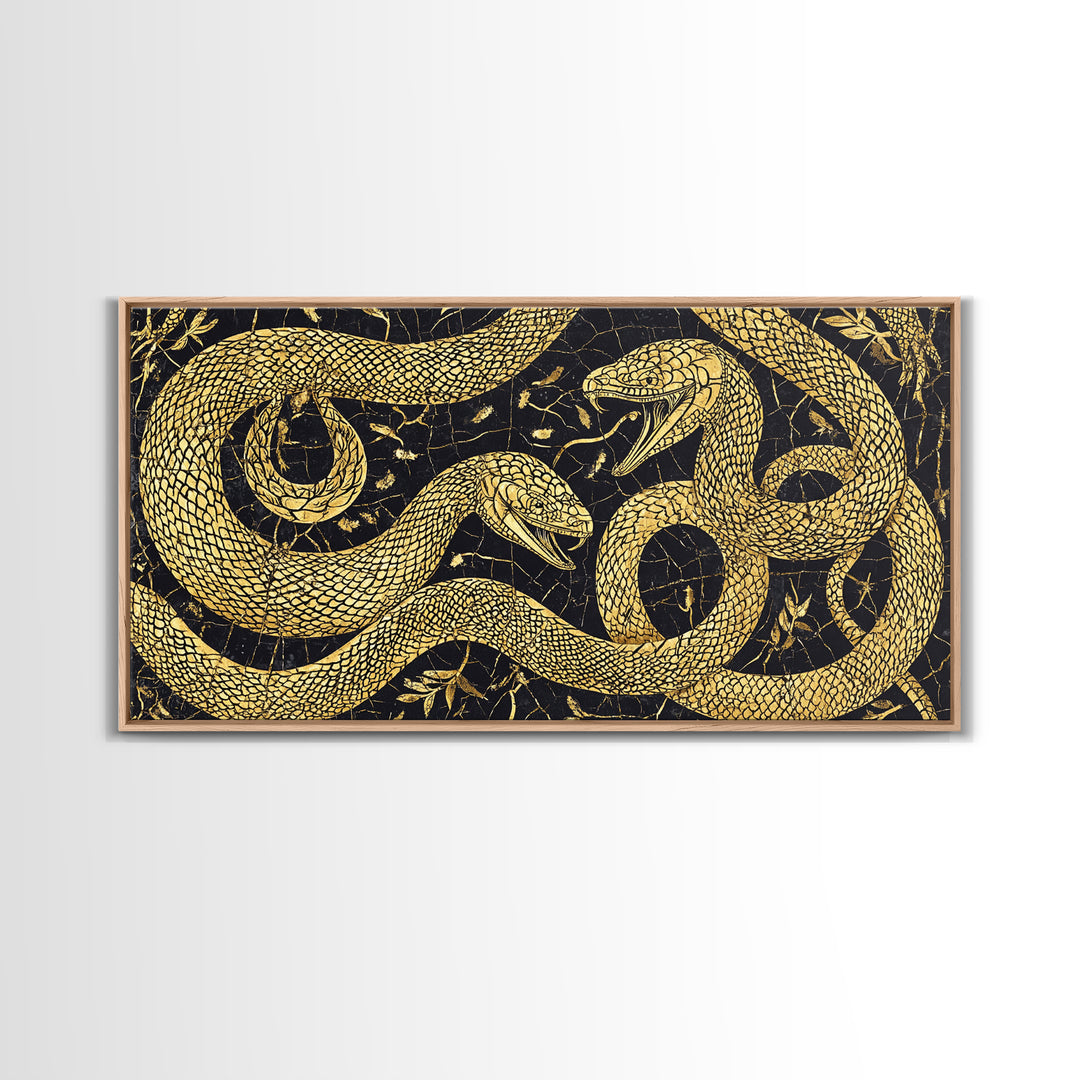 Gold Serpent Botanical Canvas Print, Black And Gold Snake Wall Art, African Inspired Luxury Decor For Bedroom And Office