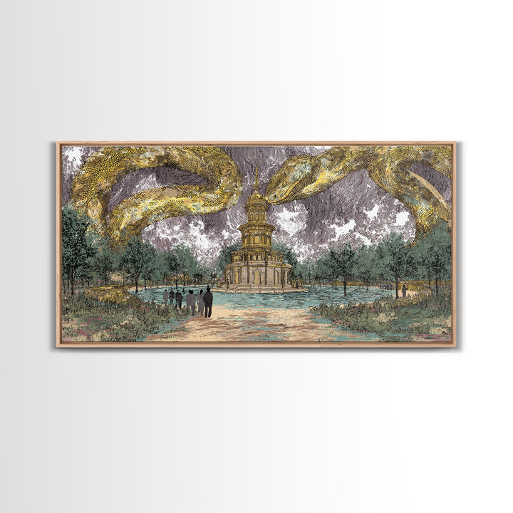Golden Serpents Over Palace Gardens Wall Art, Surreal Botanical Landscape, Luxury Canvas Print For Elegant Home Decor Gift