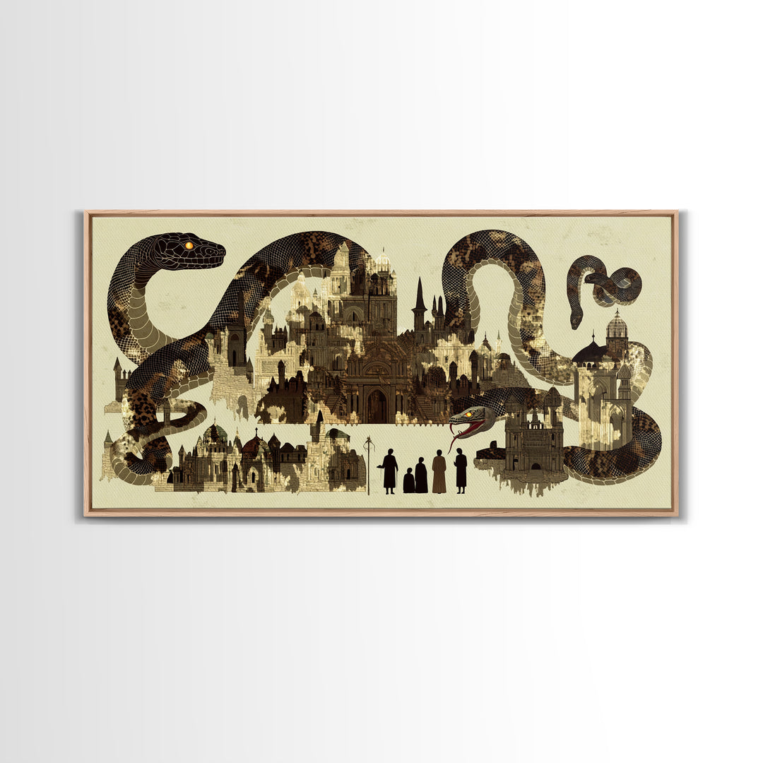 Sepia Serpent Cityscape Canvas Print, Historic Architecture Wall Art, Fantasy Snake Artwork For Study Room Decor Gift For Him
