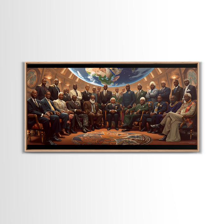 Pan African Council Under Globe Framed Canvas Print, Black Culture Wall Art, African American Leaders Office Decor Gifts