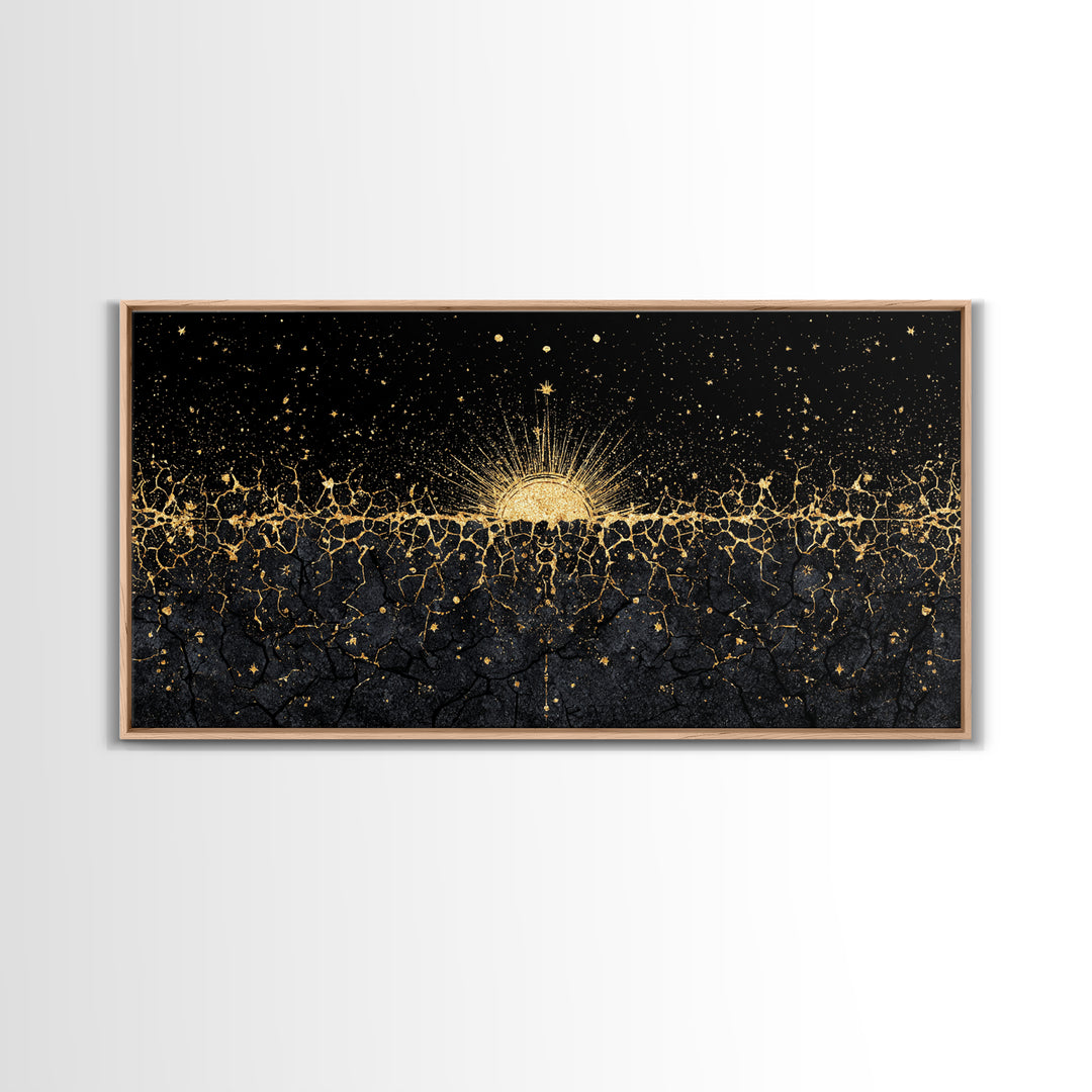 Golden Sunrise Over Ancestral Horizon Wall Art, Black And Gold Art, African Inspired, Spiritual Wall Art, Elegant Home Decor