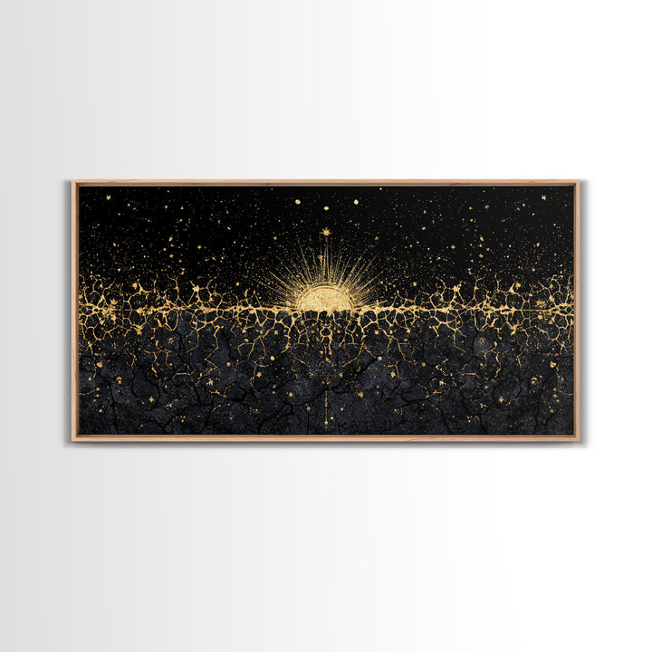 Golden Sunrise Over Ancestral Horizon Wall Art, Black And Gold Art, African Inspired, Spiritual Wall Art, Elegant Home Decor