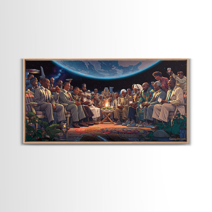 Moonlit Global Council By Fire Wall Art, African American Art, Afrocentric Decor, Black Culture Art, Unique Canvas Print Gift