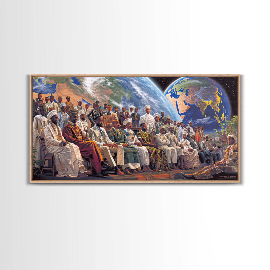 Pan African Assembly Beneath Planets Framed Canvas Print, African Wall Art, Black History Art, Afrocentric Cultural Home Decor