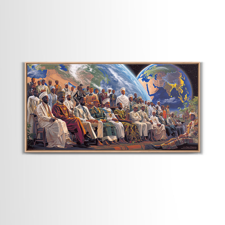 Pan African Assembly Beneath Planets Framed Canvas Print, African Wall Art, Black History Art, Afrocentric Cultural Home Decor