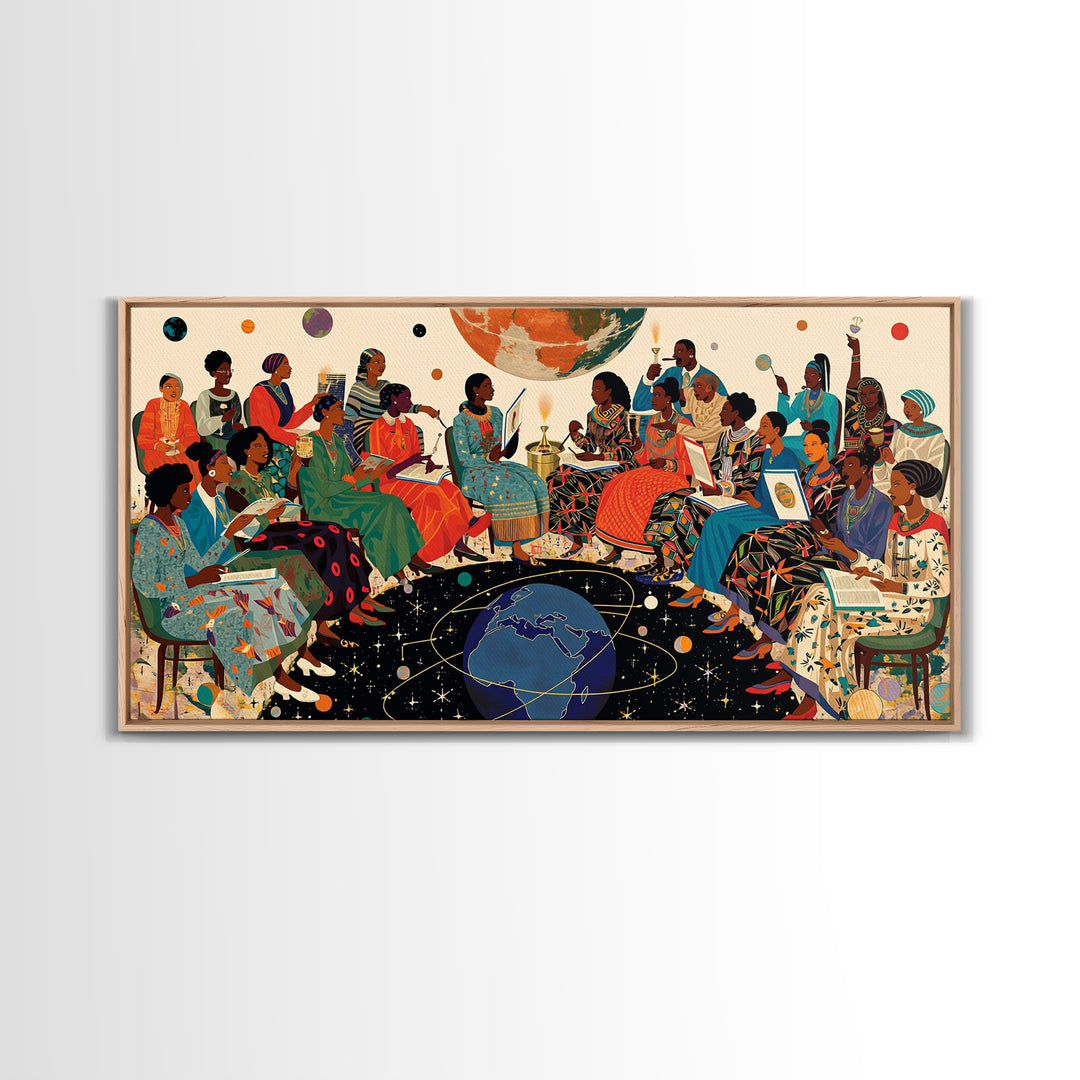 Cosmic African Women Circle With Planets Canvas Print, Black Women Art, Afrocentric Wall Art, Vibrant Cultural Home Decor