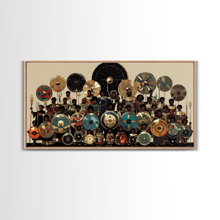 Regal African Shield Bearers With Tribal Parasols Framed Canvas Print, African Warrior Art, Black Culture Wall Decor Gift