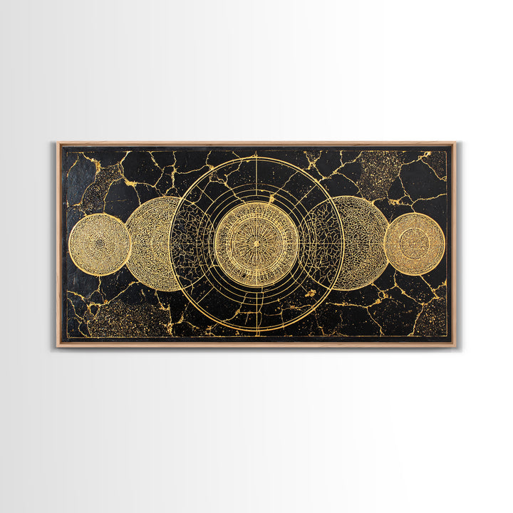 Golden Lunar Phases Celestial Geometry Wall Art, Black And Gold Abstract African Inspired Decor, Mystic Boho Canvas Print