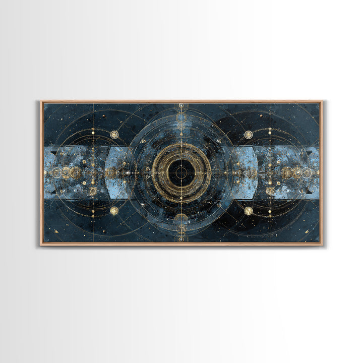 Blue Gold Cosmic Portal Canvas Print, Abstract Wall Art With Sacred Geometry, Modern Luxury Decor For Living Room And Office