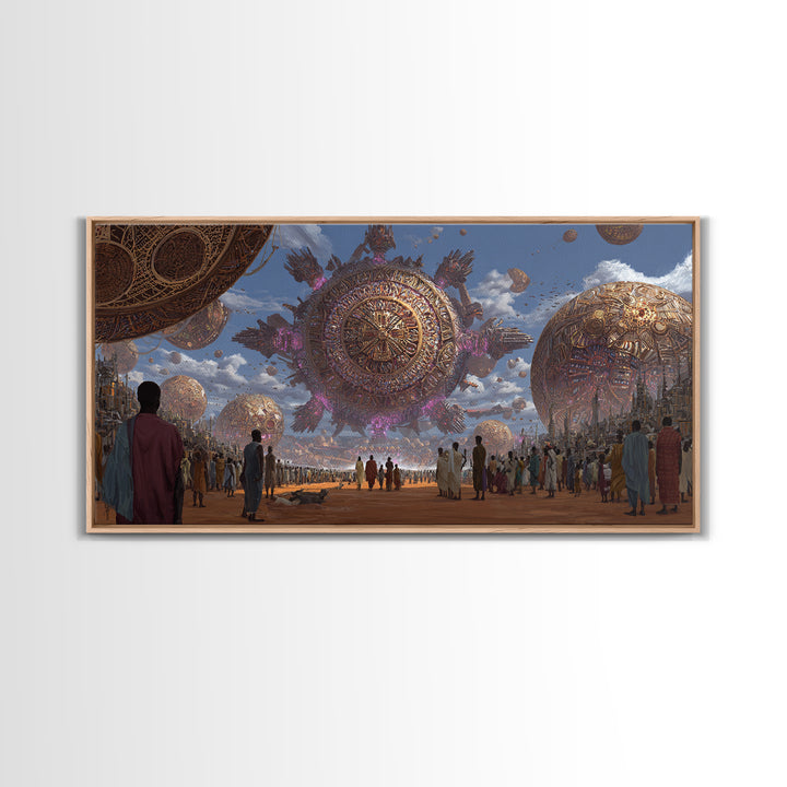 Afrofuturist Festival With Floating Golden Spheres Canvas Print, African Culture Wall Art, Futuristic City Decor Gift For Living Room
