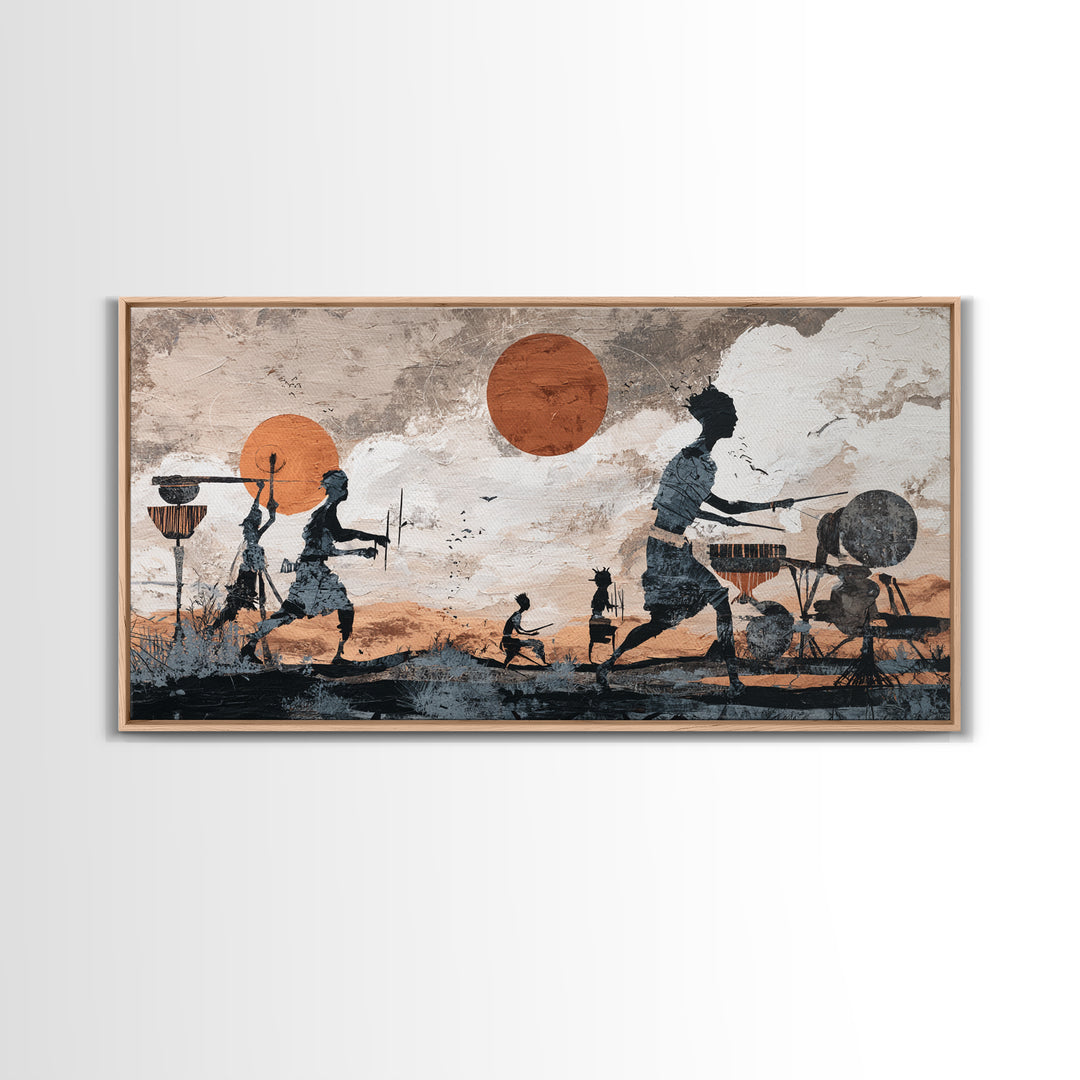 Drumming Village Family Silhouettes Canvas Print, African Wall Art, Tribal Music Decor, Afrocentric Living Room Artwork Gift