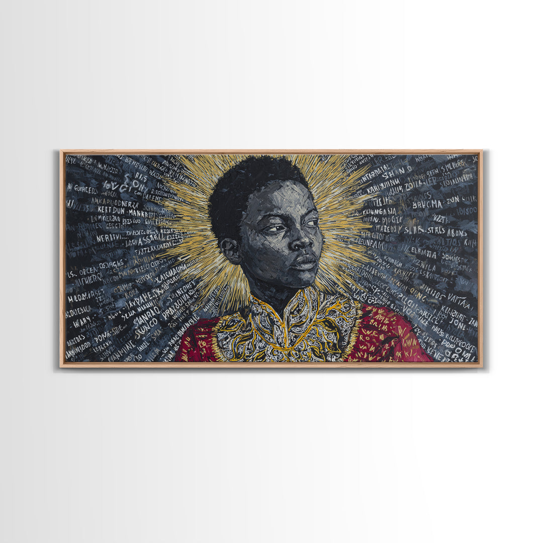 Young Black Boy Portrait With Golden Halo Framed Canvas Print, African American Art, Black History Decor, Empowerment Gift