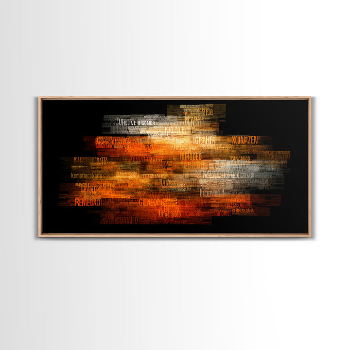 Orange Gold African Word Cloud Framed Canvas Print, Abstract African Art, Afrocentric Decor, Vibrant Statement Wall Decor